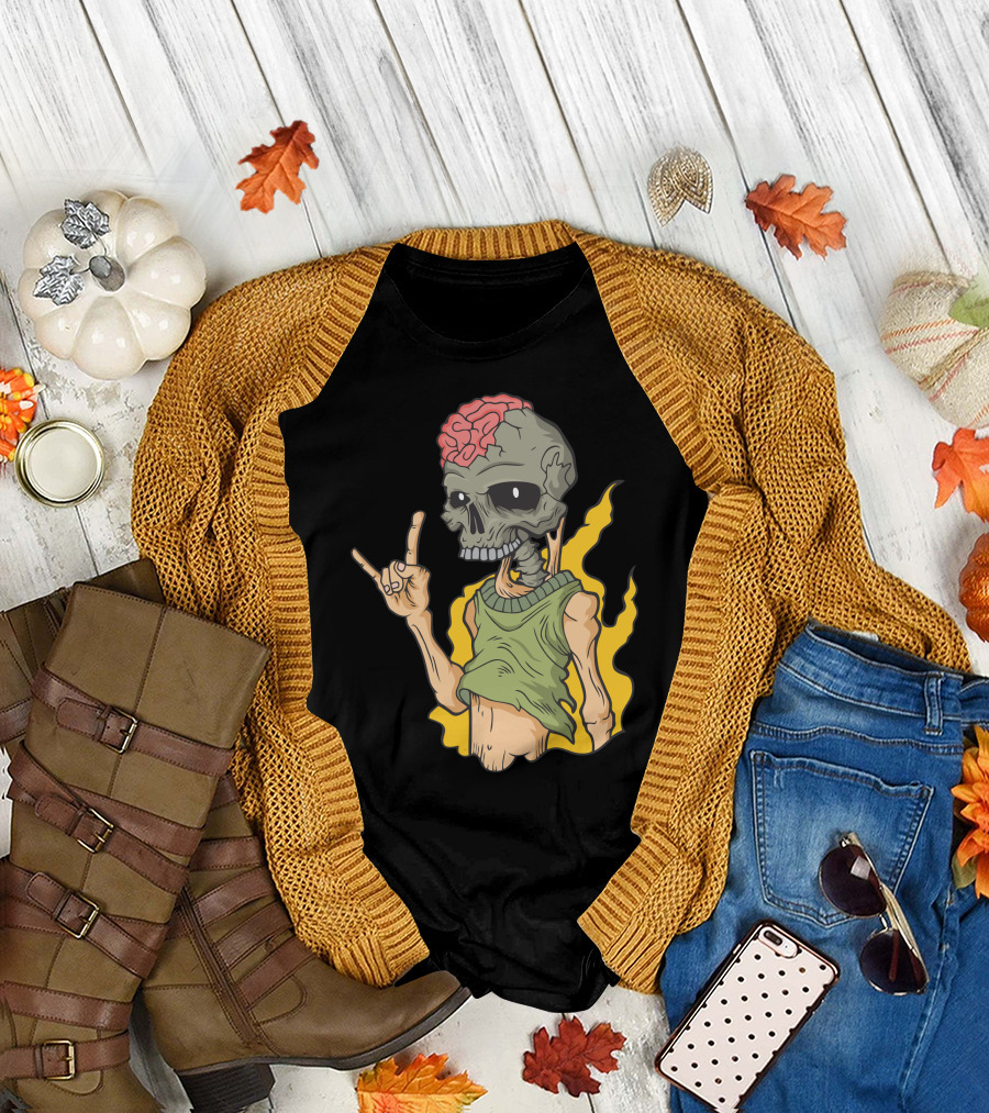 Rock And Skull Undead Hand Gesture on Fire T-Shirt