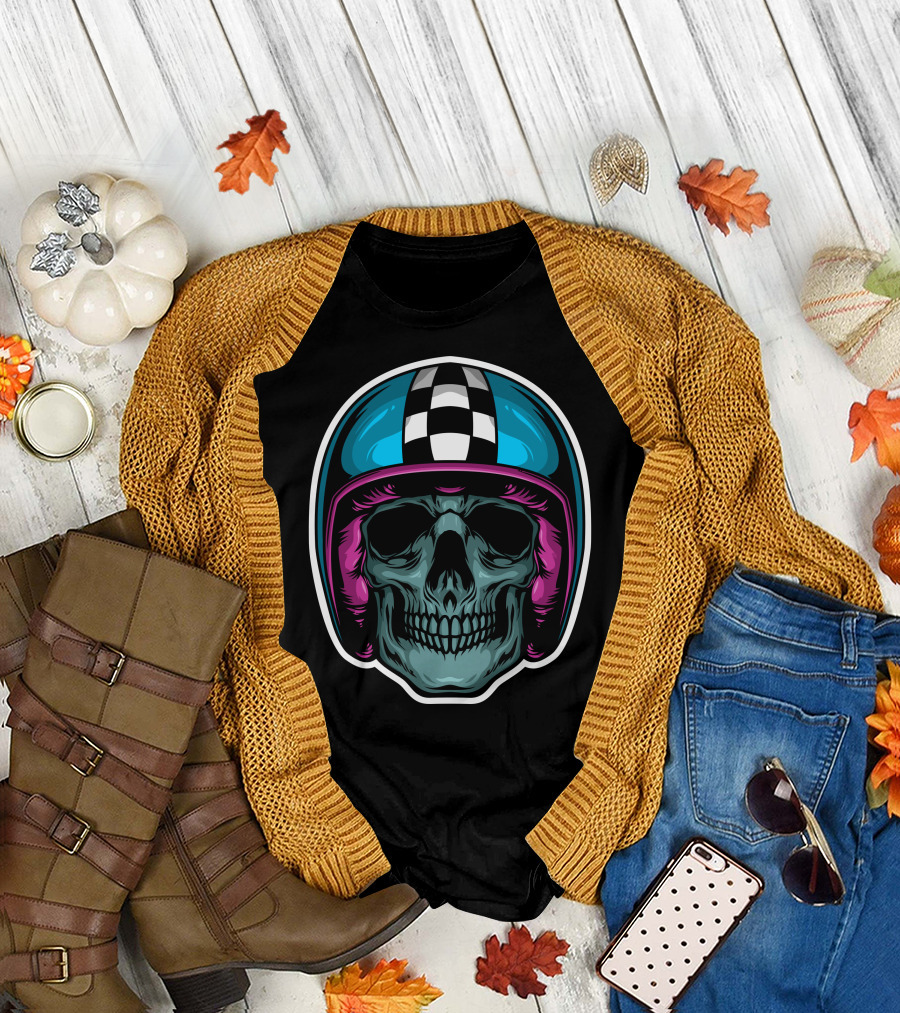 Skull Biker with Checkered Helmet T-Shirt