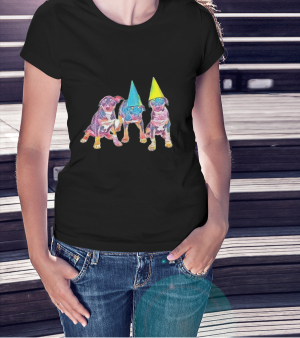 Three Colorful Rottweiler Mixed Breed Puppies With Party Hats T-Shirt