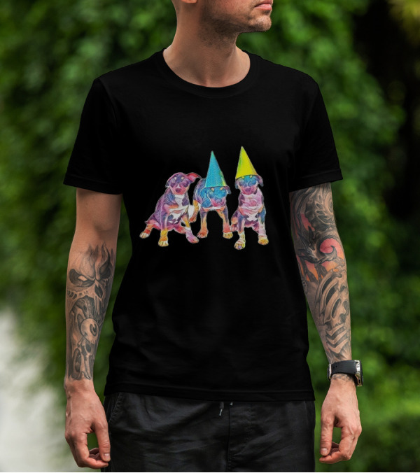 Three Colorful Rottweiler Mixed Breed Puppies With Party Hats T-Shirt