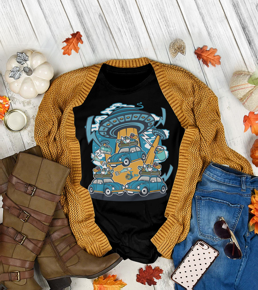 Ufo Abduction of Cars with Fishing Gear and Lightning T-Shirt