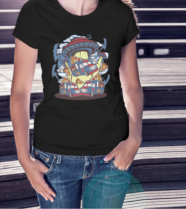 UFO Abducting Pizza Trucks With Pizza Slices And Lightning T-Shirt