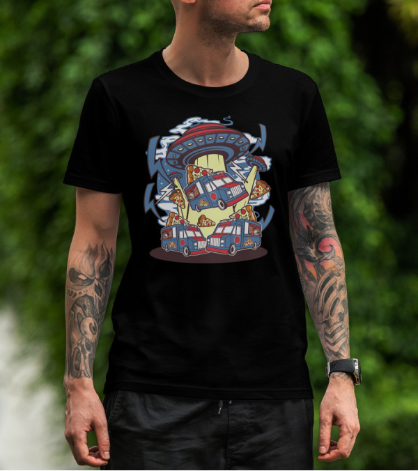 UFO Abducting Pizza Trucks With Pizza Slices And Lightning T-Shirt