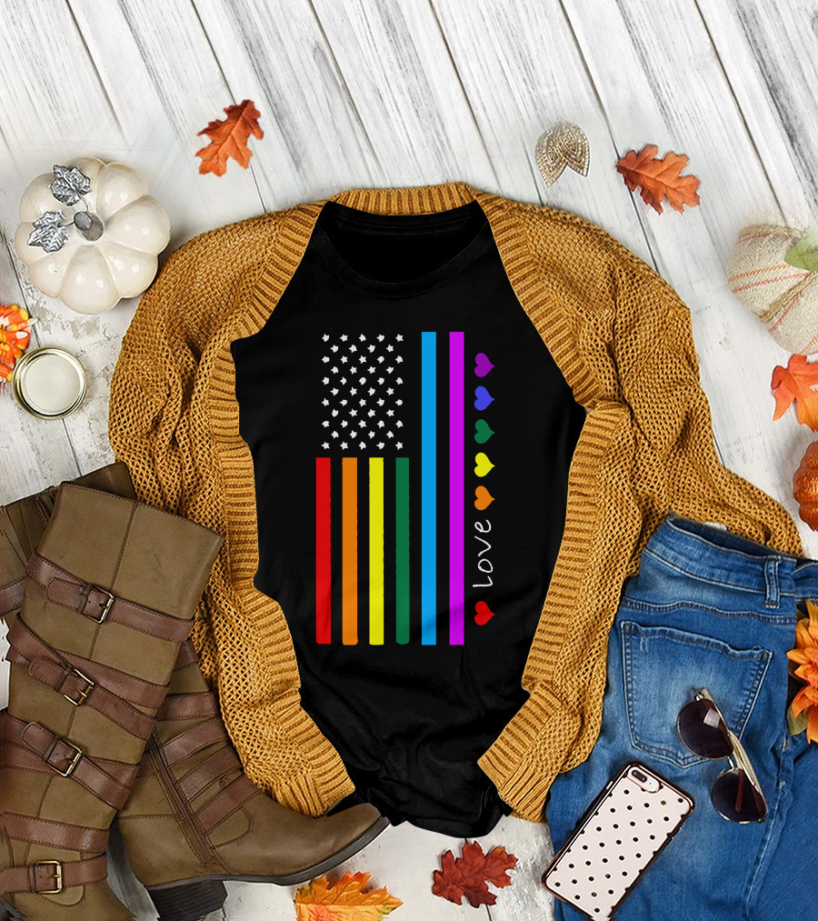 Us Flag Love Rainbow Hearts T-Shirt