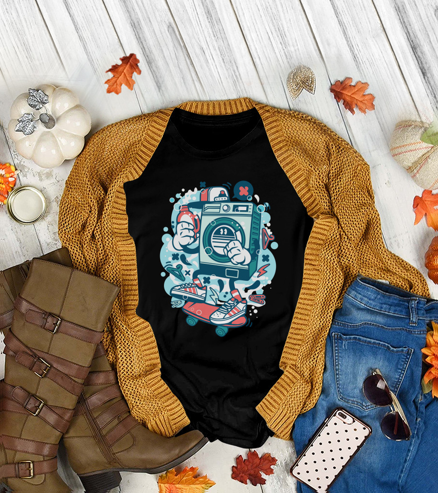 Washing Machine Skater with Sneakers and Spray Can T-Shirt