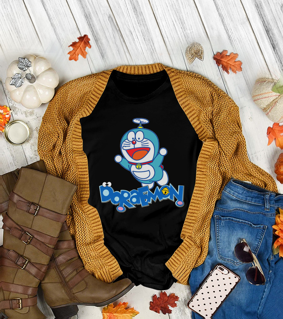 Doraemon Flying with Take-Copter Icon and Cheerful Expression T-Shirt