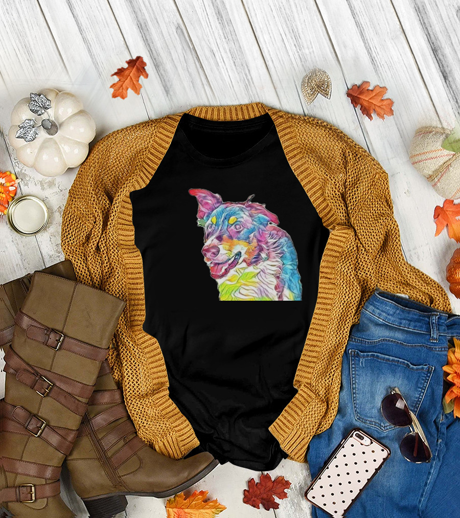 A Close Up of a Colorful Border Collie T-Shirt