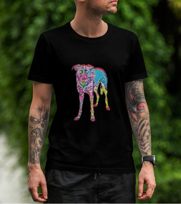A Cute Colorful Dog On Black And Grey T-Shirt