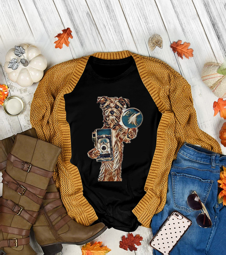 A Cute Mixed Terrier Breed Do with Vintage Camera and Magnifying Glass T-Shirt