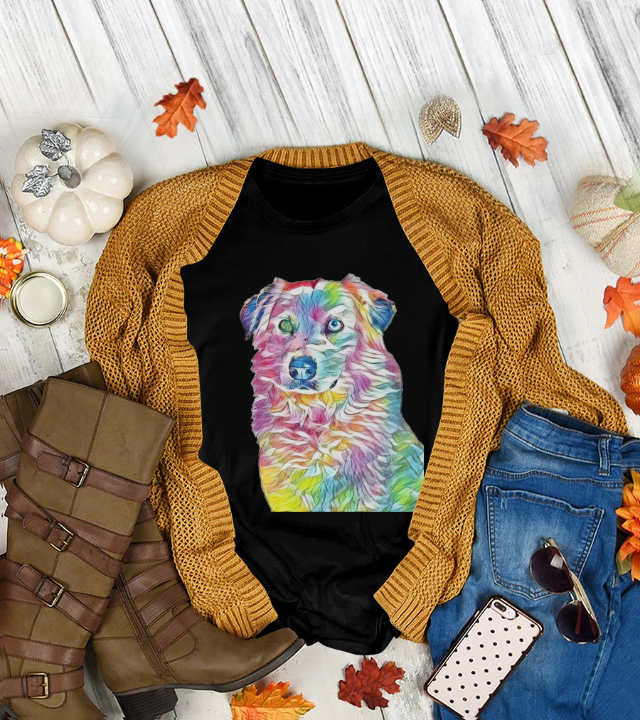 A Head Shot Of An Australian Shepherd in Vibrant Colors T-Shirt