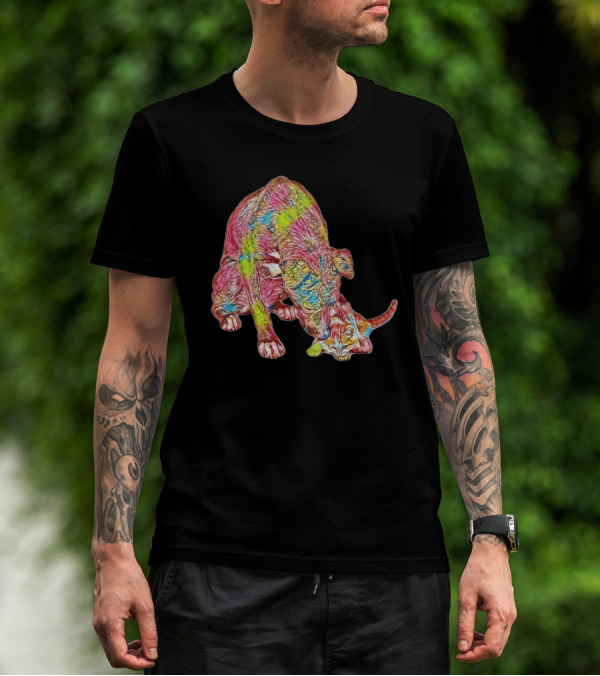 A Large Breed Dog Looking Down At Colorful Cat T-Shirt