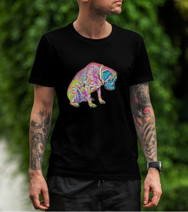 A Large Colorful Mastiff Dog Sitting In Vibrant Rainbow T-Shirt