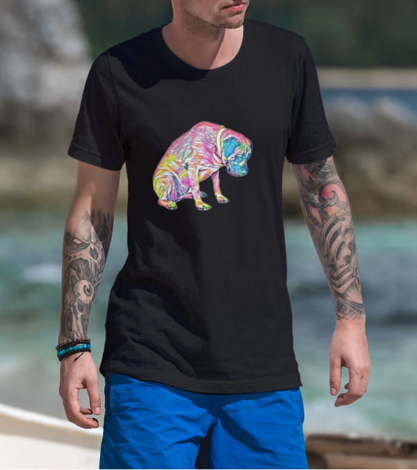 A Large Colorful Mastiff Dog Sitting In Vibrant Rainbow T-Shirt
