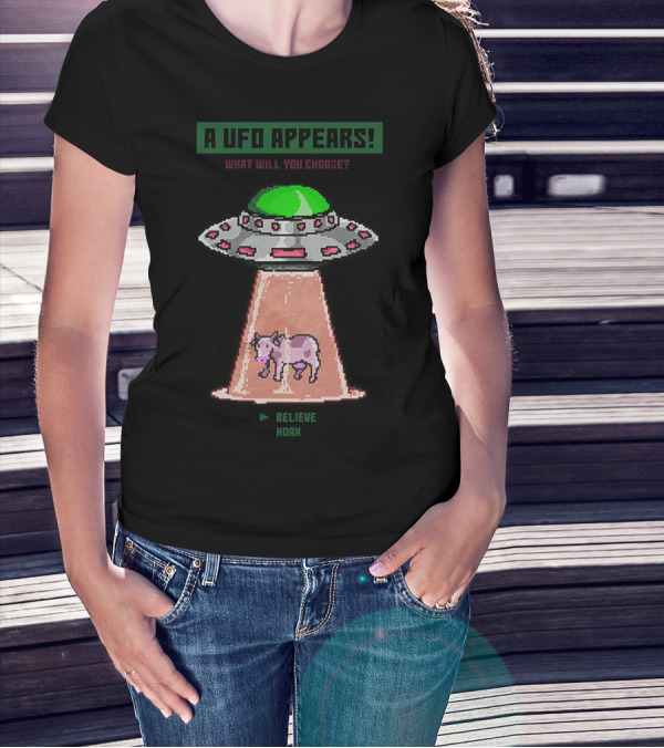 A UFO Appears What Will You Choose Believe Hoax Cow Retro Pixel T-Shirt