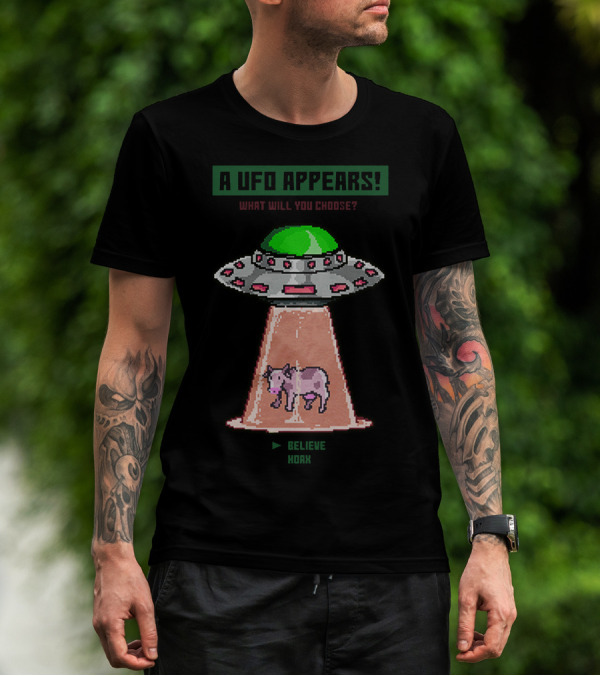 A UFO Appears What Will You Choose Believe Hoax Cow Retro Pixel T-Shirt
