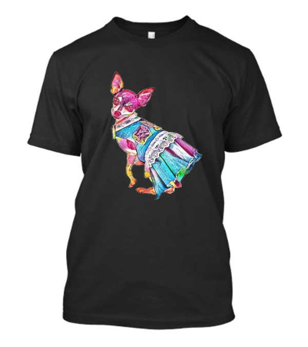 An Adorable Chihuahua Dog Wearing Colorful Dress With Lace Trim T-Shirt