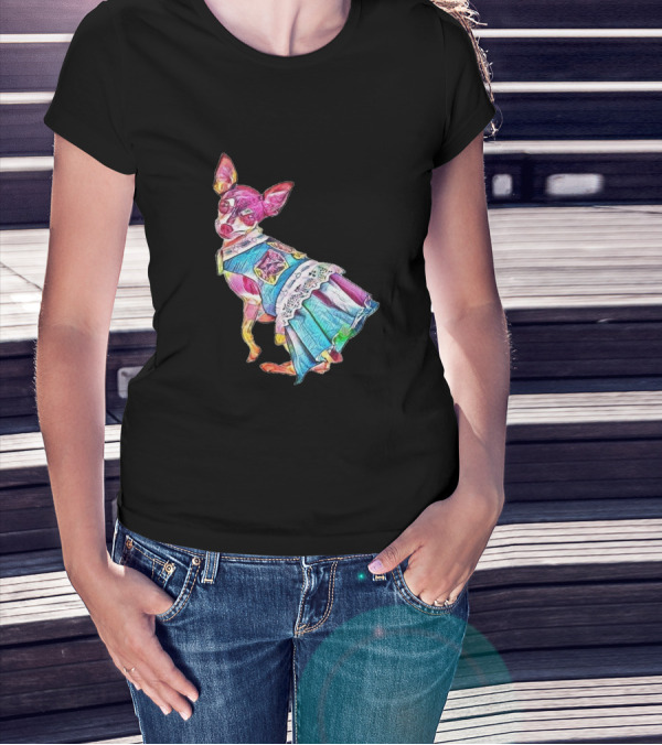 An Adorable Chihuahua Dog Wearing Colorful Dress With Lace Trim T-Shirt