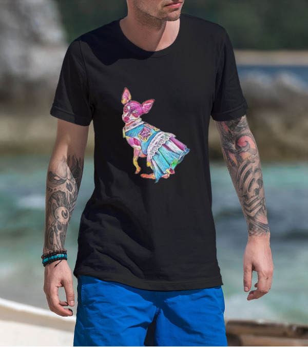 An Adorable Chihuahua Dog Wearing Colorful Dress With Lace Trim T-Shirt
