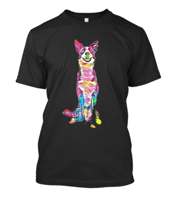 An Attentive Border Collie With Multicolored Abstract T-Shirt