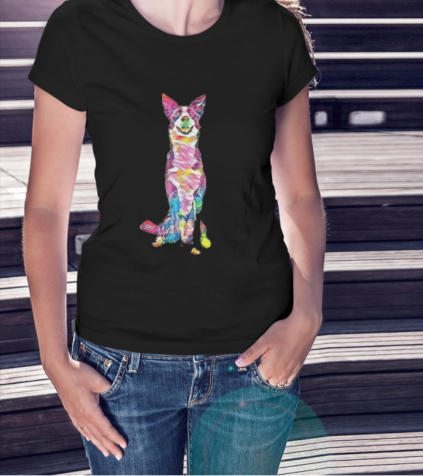 An Attentive Border Collie With Multicolored Abstract T-Shirt