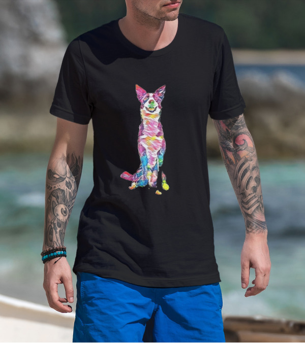 An Attentive Border Collie With Multicolored Abstract T-Shirt