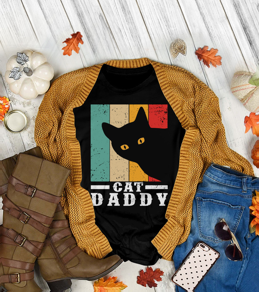 Cat Daddy Retro Black Cat with Colorful Stripes T-Shirt