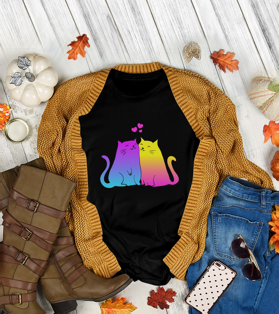 Rainbow Cats in Love Hearts T-Shirt