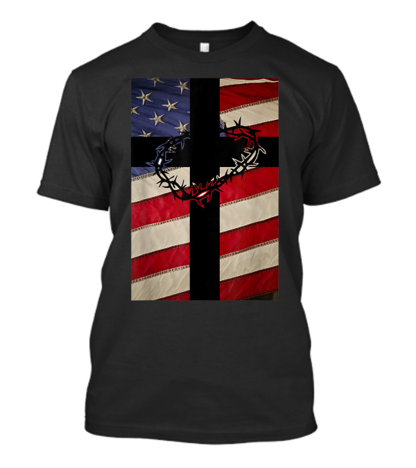 Christian Patriotic New Christianity American Flag Cross And Crown Of Thorns T-Shirt