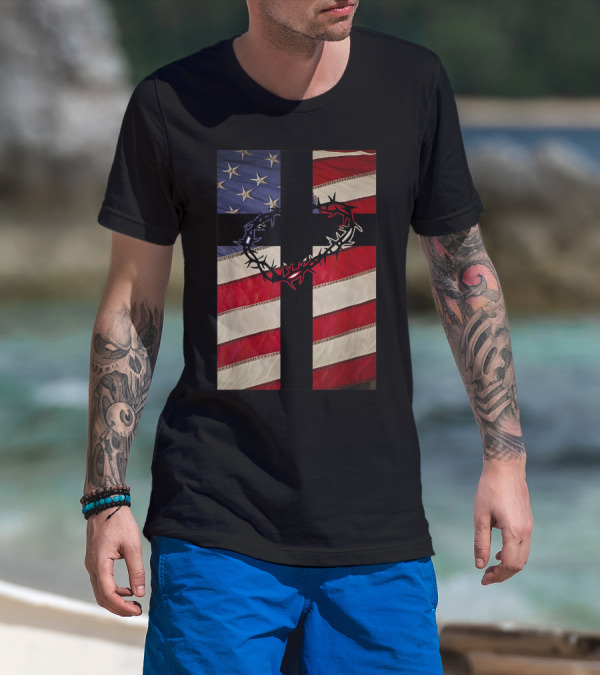 Christian Patriotic New Christianity American Flag Cross And Crown Of Thorns T-Shirt