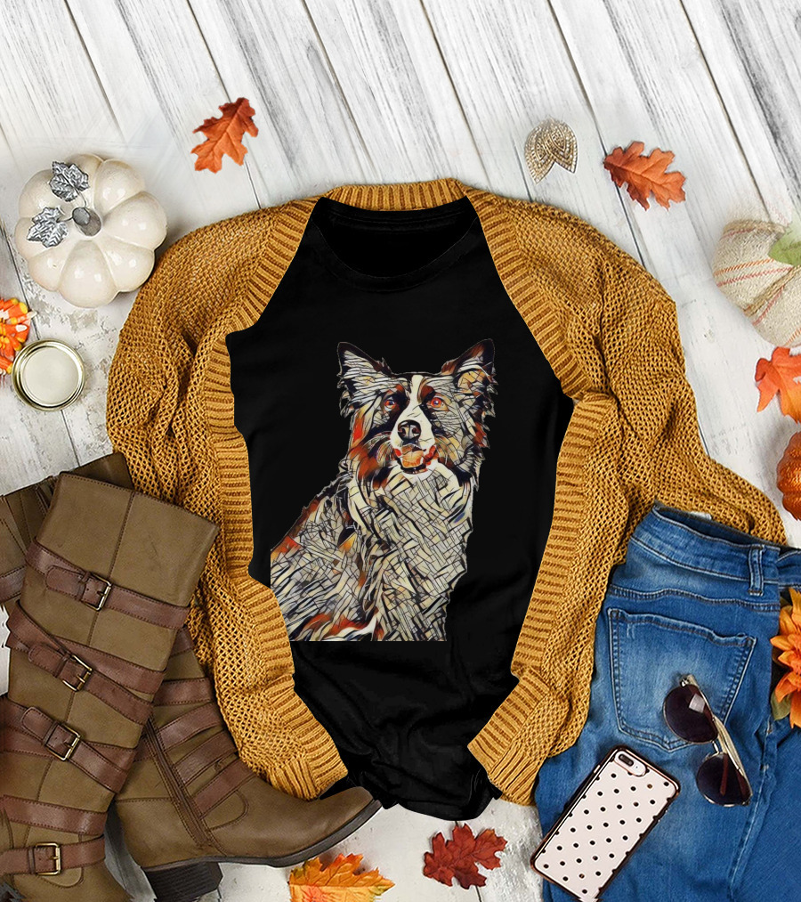 Happy Border Collie Dog Close Stained Glass T-Shirt