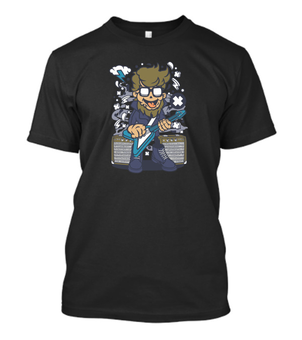 Bearded Hipster With Guitar Amid Amplifiers And Lightning Symbols T-Shirt