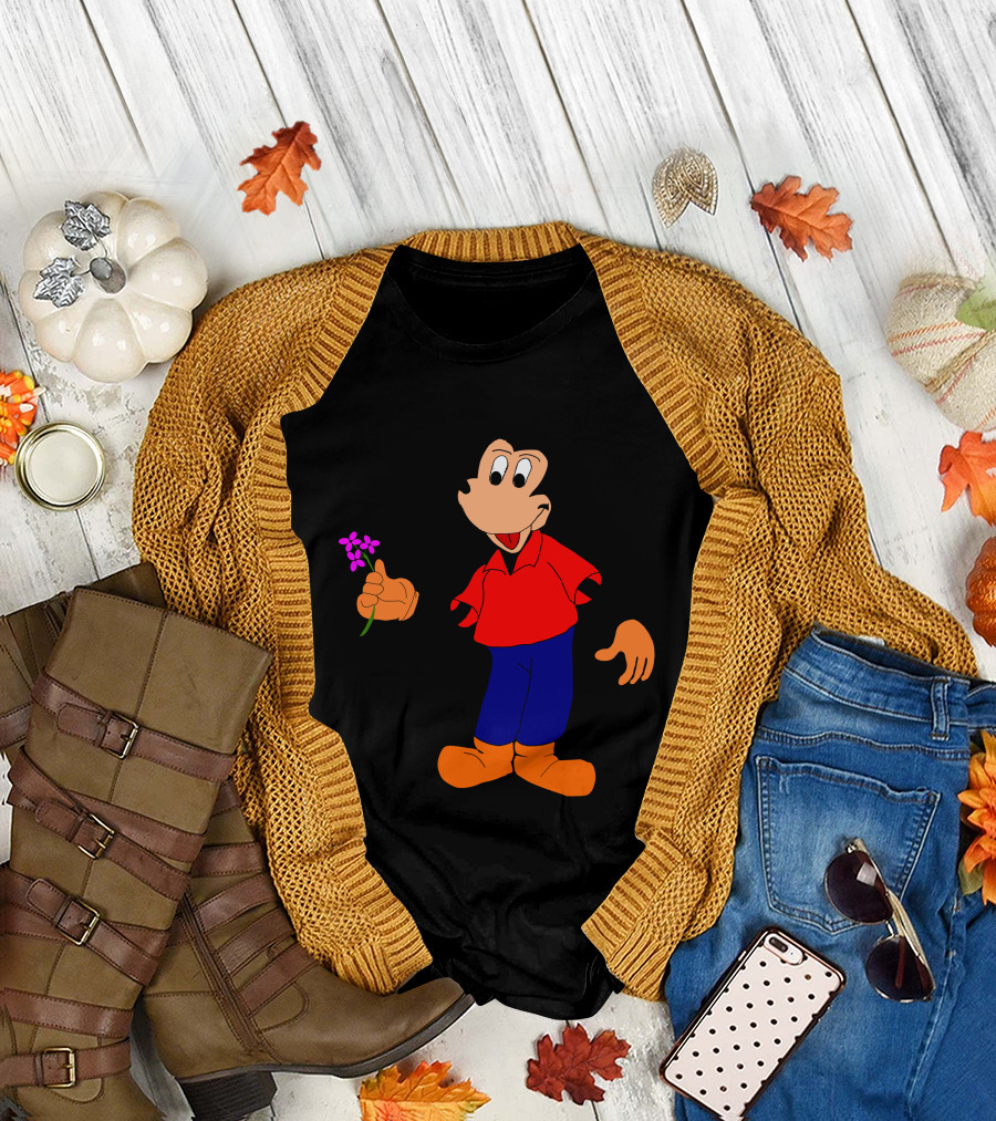 Micky Mouse Red Shirt Holding Purple Flower T-Shirt