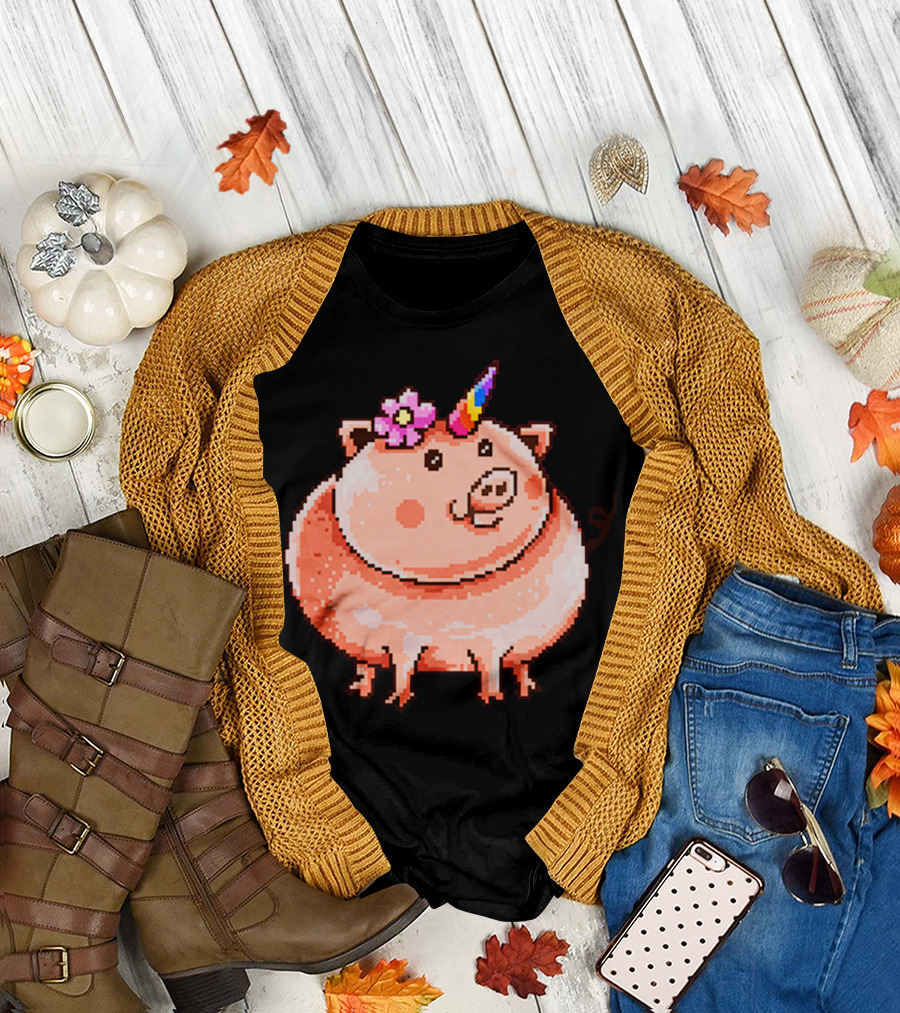 Piggy Corn Rainbow Unicorn Pixel T-Shirt
