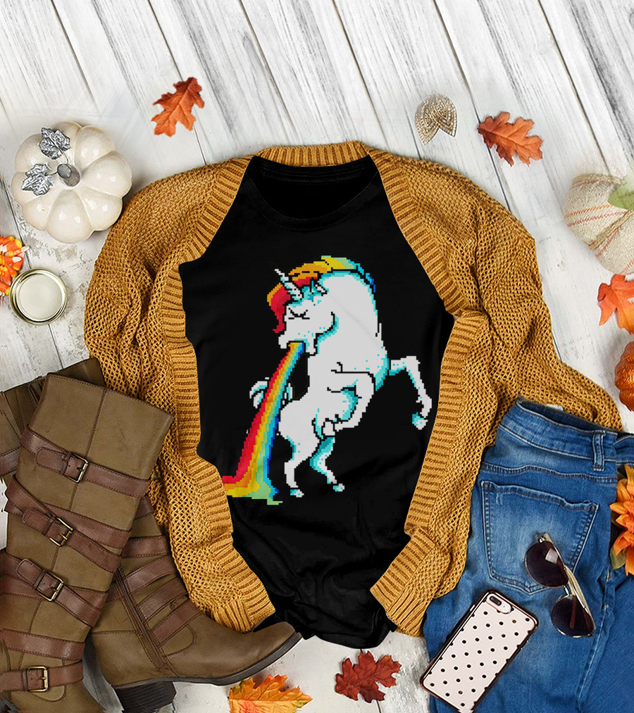 Rainbow Vomiting Unicorn Pixel Art Magic T-Shirt
