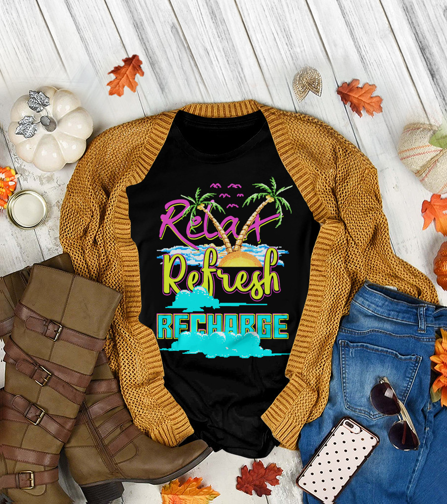 Relax Refresh Recharge Tropical Palm Sunset Scene T-Shirt