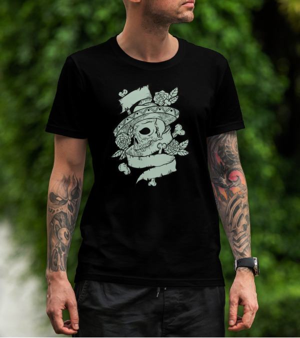 Skull Tattoo Sombrero Roses And Bones T-Shirt