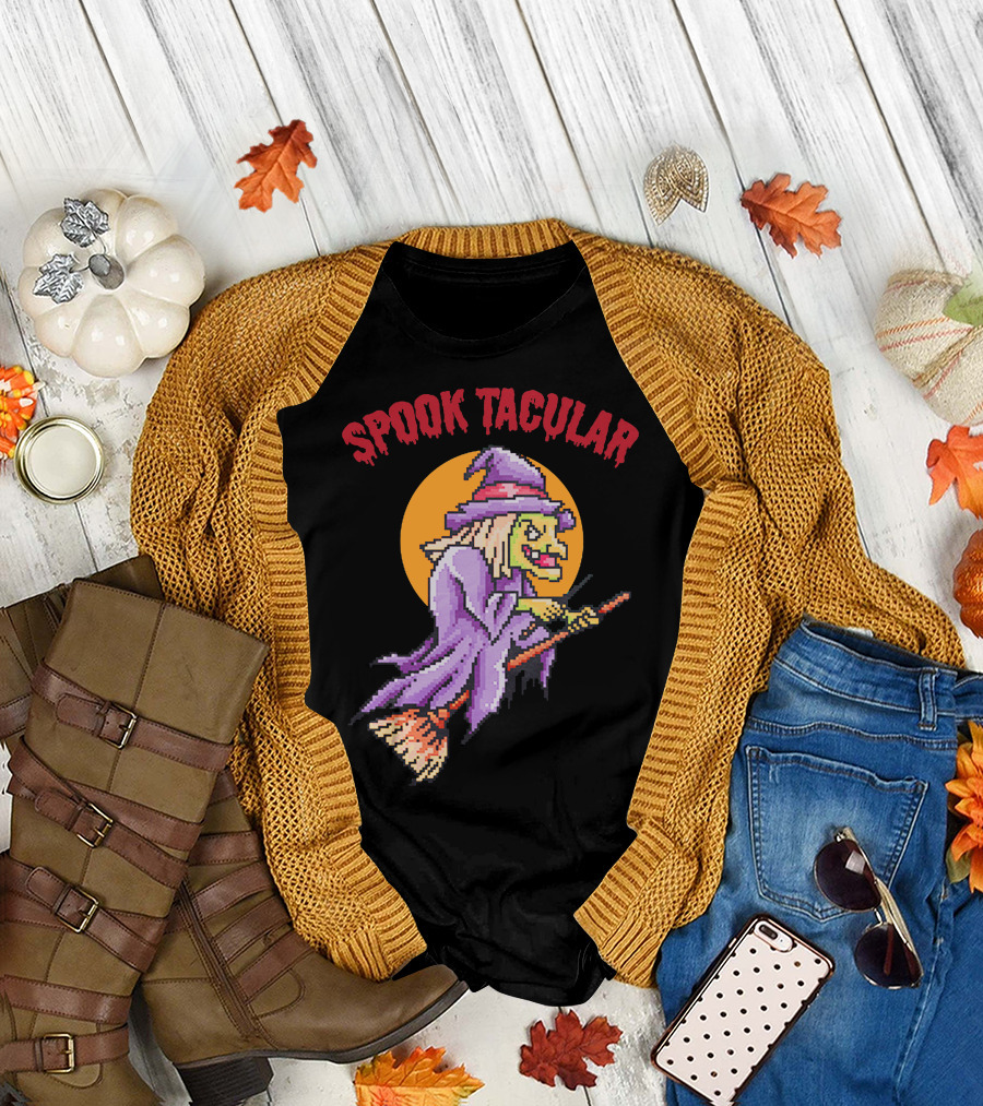Spook Tacular Witch Pixel Art Halloween Witch on Broomstick T-Shirt