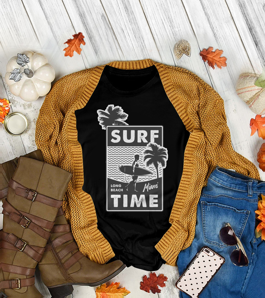 Surf Time Long Beach Miami Surfboard Palms T-Shirt