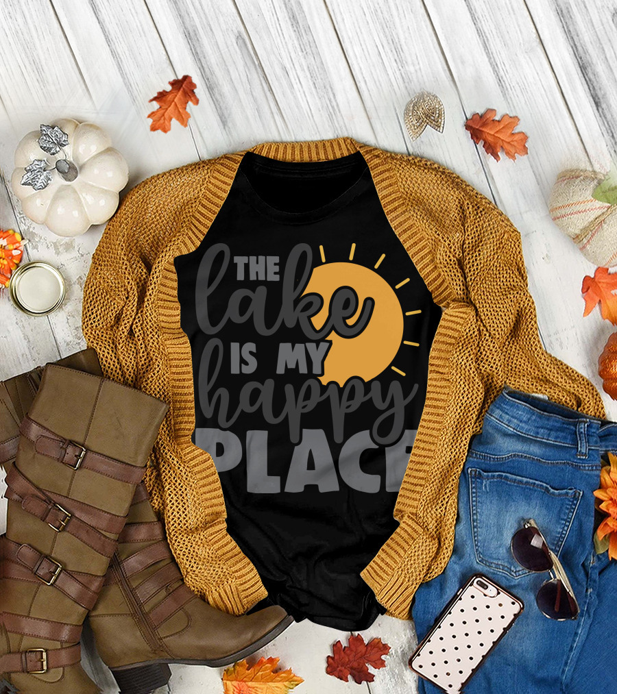 The Lake Is My Happy Place with Sunburst Background T-Shirt