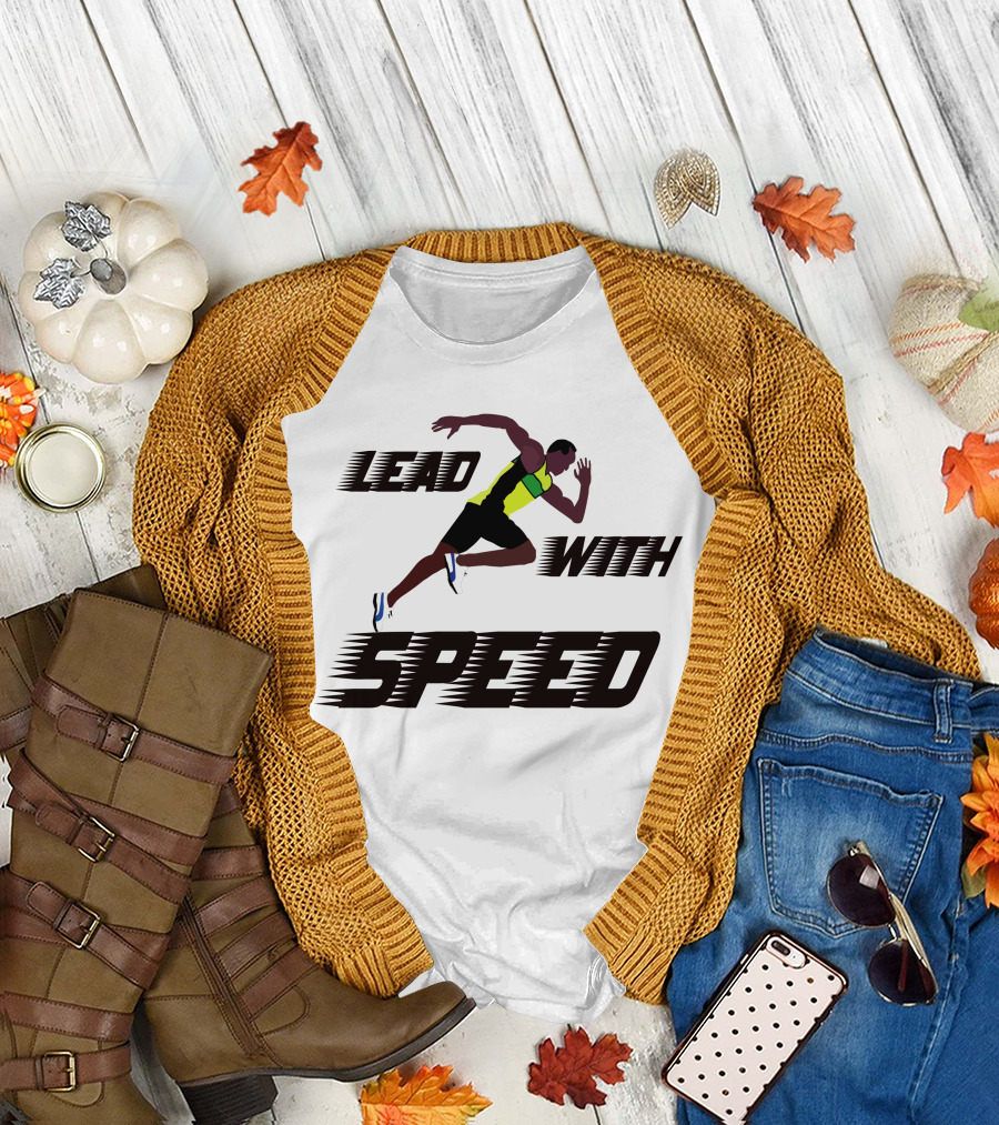 Usain Bolt Lead With Speed Sprinting Graphics T-Shirt