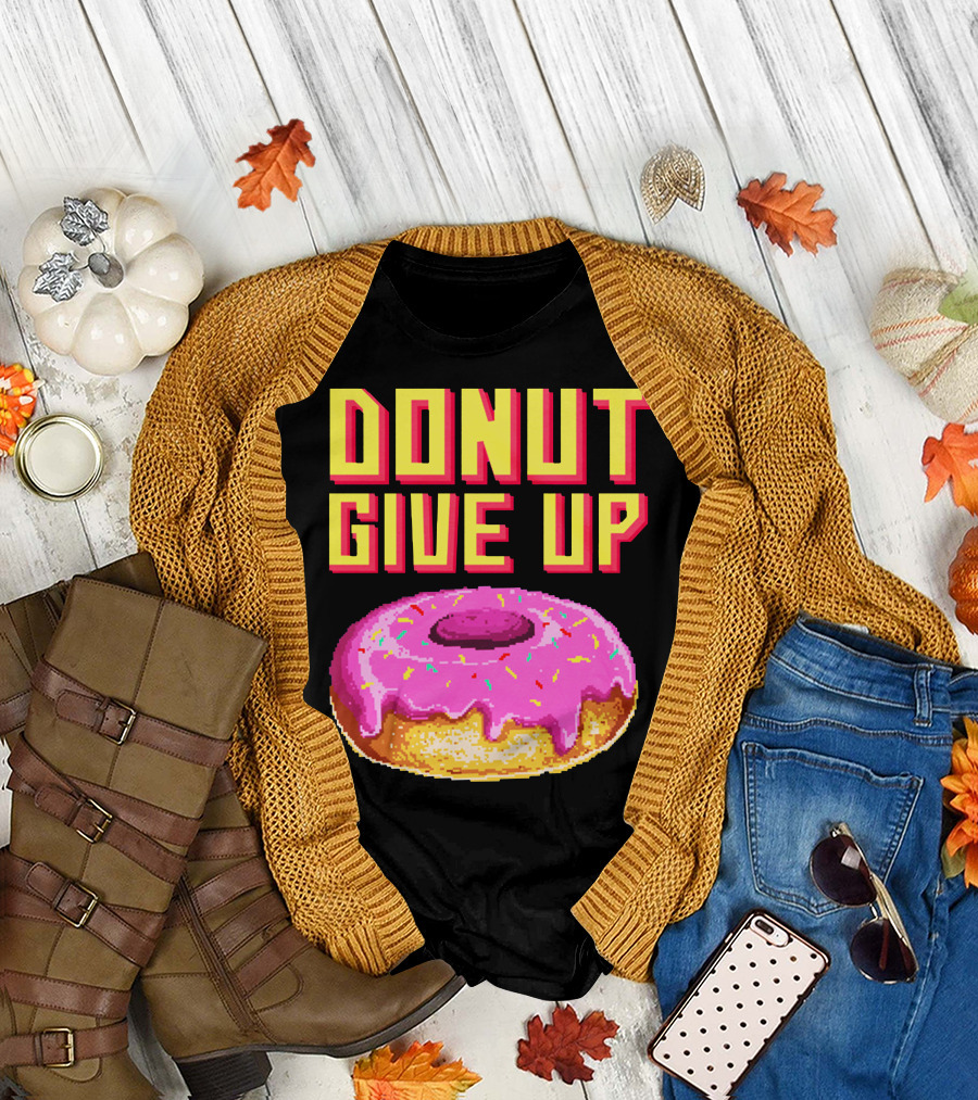 DONUT GIVE UP Pixelated Pink Frosted Donut with Sprinkles T-Shirt