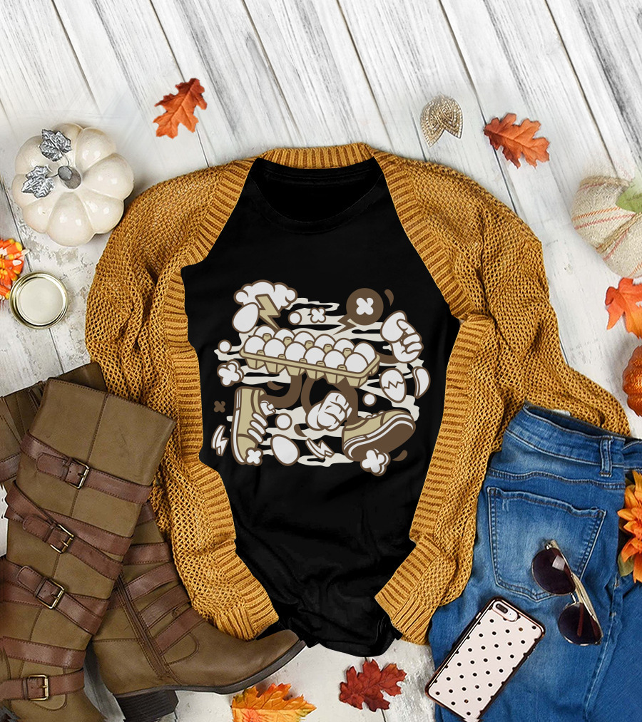Eggs and Sneakers Dynamic Clash with Cartoon Fist Elements T-Shirt
