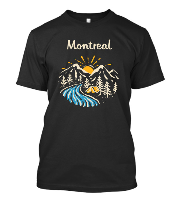 Montreal Mountain Sunrise With River And Tent Camping Scene T-Shirt