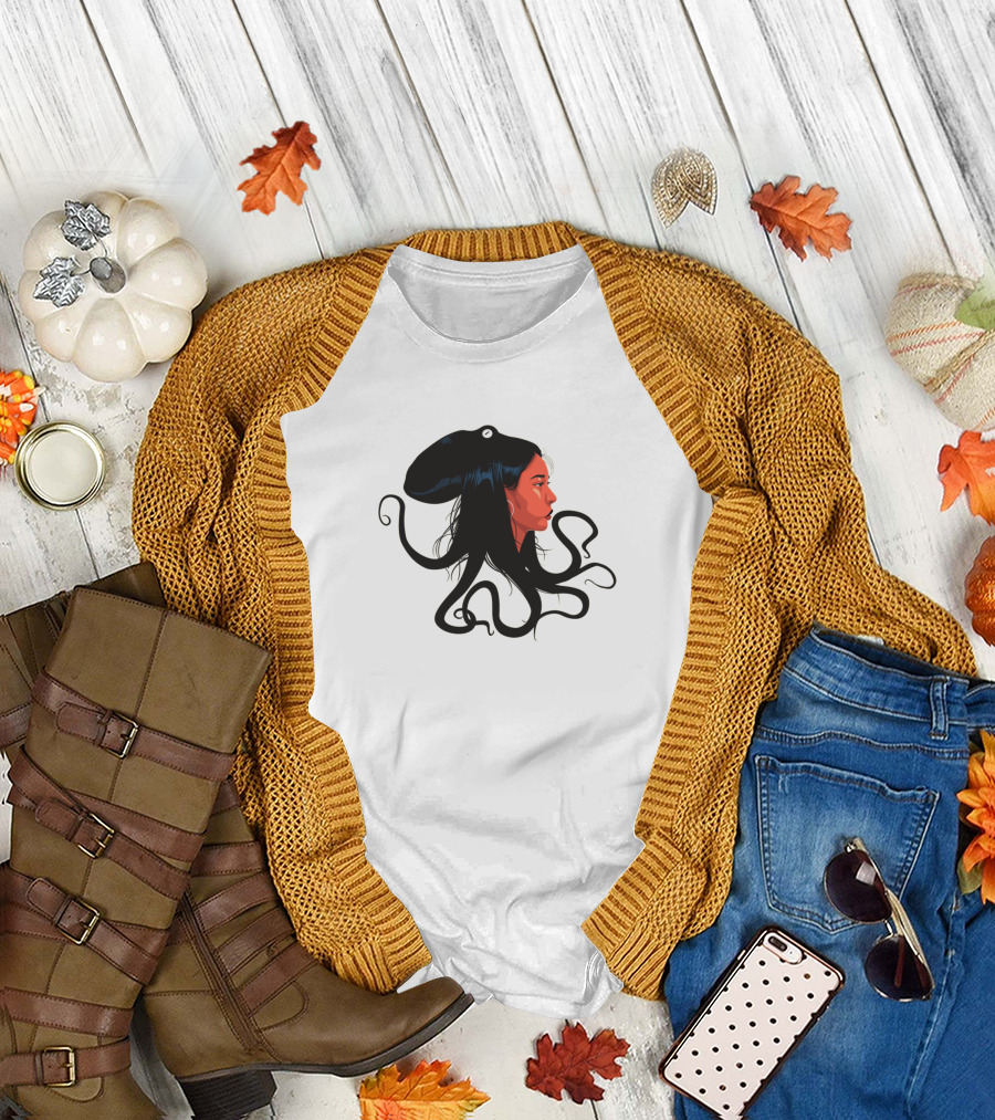 Octopi Head Woman Profile Deep Sea Fusion T-Shirt
