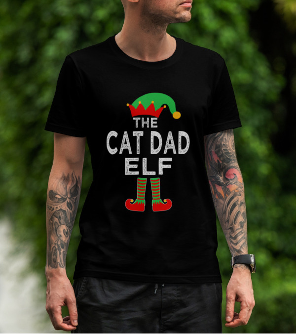 The Cat Dad Elf Christmas Hat And Striped Shoes T-Shirt