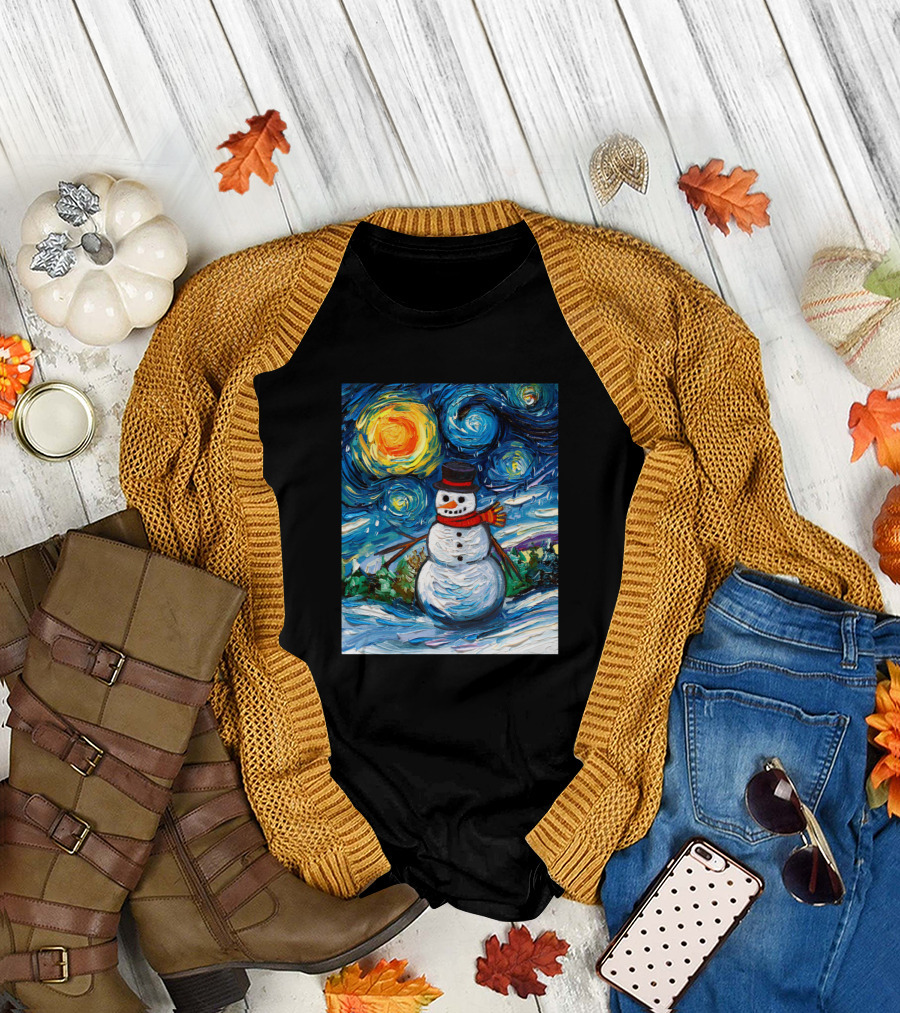 Frosty Night Starry Sky Snowman Scene T-Shirt