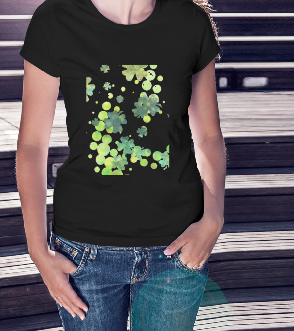 Lucky Four Leaf Clovers Pattern With Vibrant Green And Yellow Circles T-Shirt