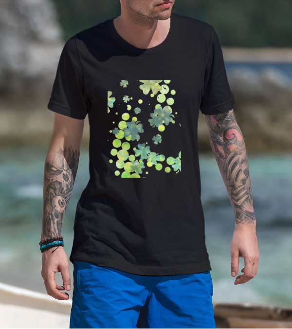 Lucky Four Leaf Clovers Pattern With Vibrant Green And Yellow Circles T-Shirt