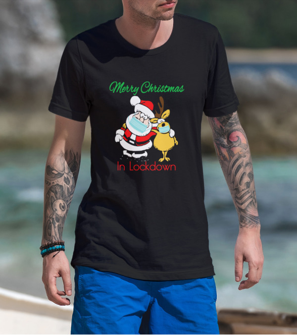 Merry Christmas In Lockdown Santa And Reindeer With Masks T-Shirt