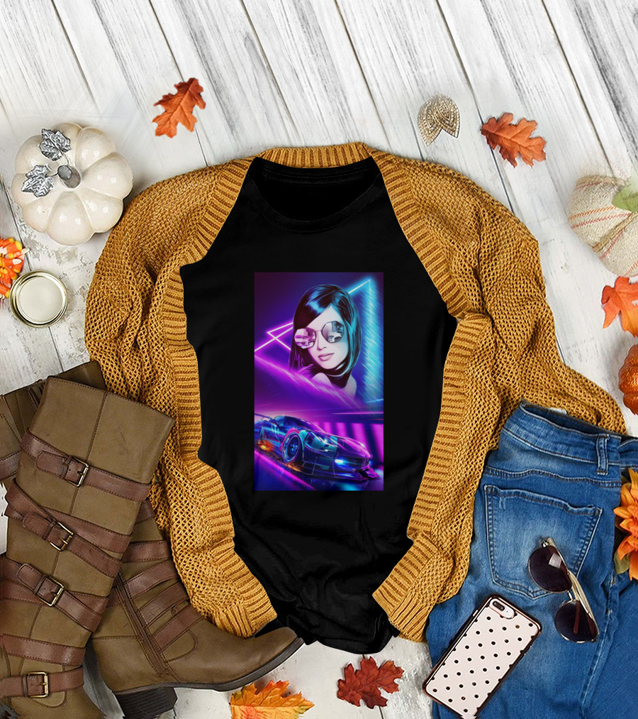 Neon Colors Retro Futuristic Woman and Sports Car with Electric Vibrant Lights T-Shirt